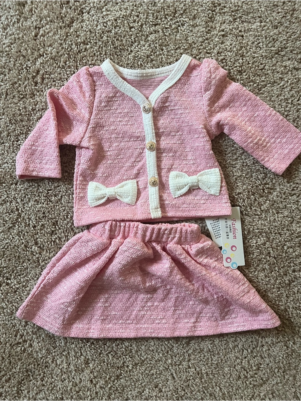 Pink Baby Two-Piece Set with White Trim and Bows